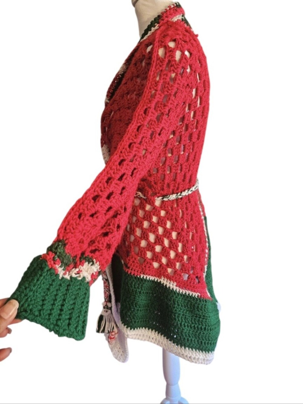 Handmade Crochet Christmas Cardigan Red Green White Grannycore OOAK Sweater - Picture 4 of 17